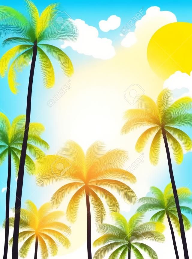 Fondo del verano con las palmas y el sol, palmeras altas y sol brillante sobre fondo amarillo y azul, ilustración.