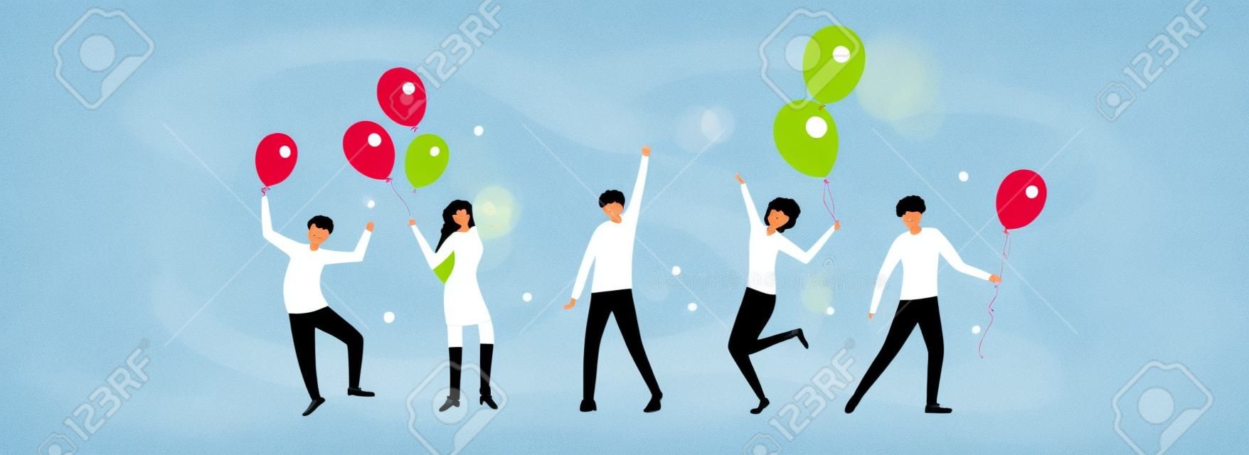 Feliz fiesta de cumpleaños y gente bailando con globos de vacaciones. grupo de hombres y mujeres jóvenes divirtiéndose y celebrando cumpleaños. la ilustración es para el diseño de vacaciones, tarjetas, invitación, pancartas, afiches
