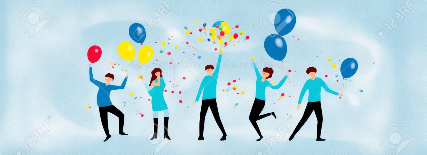 Feliz fiesta de cumpleaños y gente bailando con globos de vacaciones. grupo de hombres y mujeres jóvenes divirtiéndose y celebrando cumpleaños. la ilustración es para el diseño de vacaciones, tarjetas, invitación, pancartas, afiches