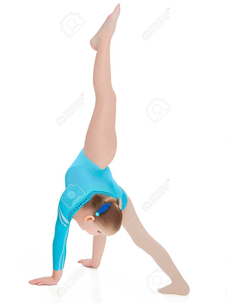 young girl doing gymnastics over white 