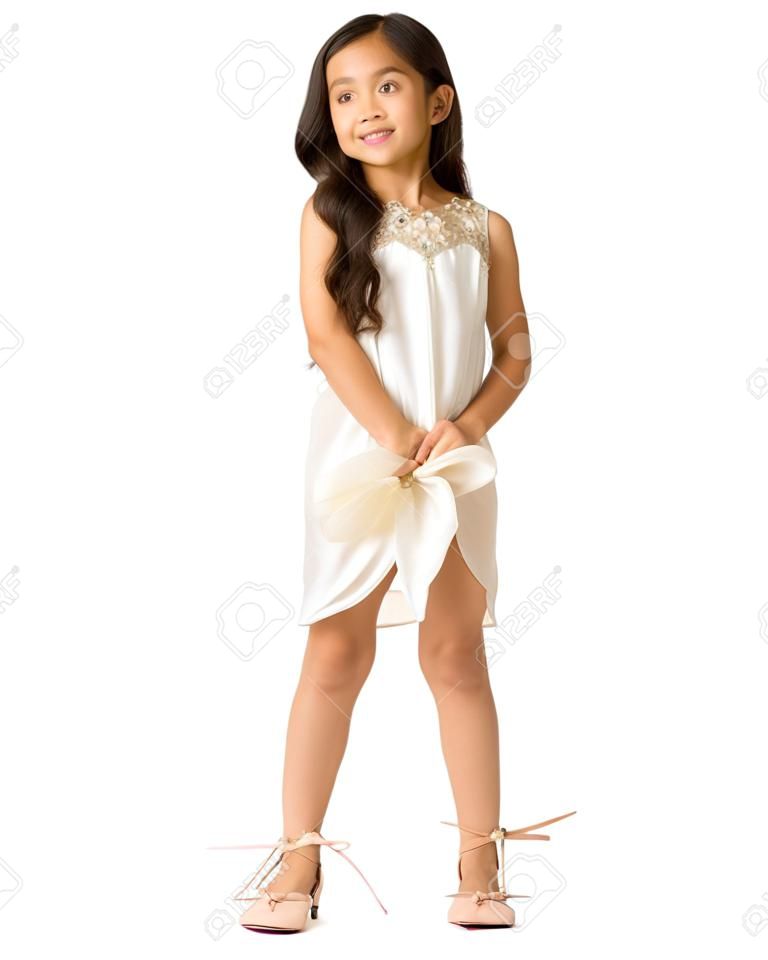 A small Asian girl in high-heeled shoes.