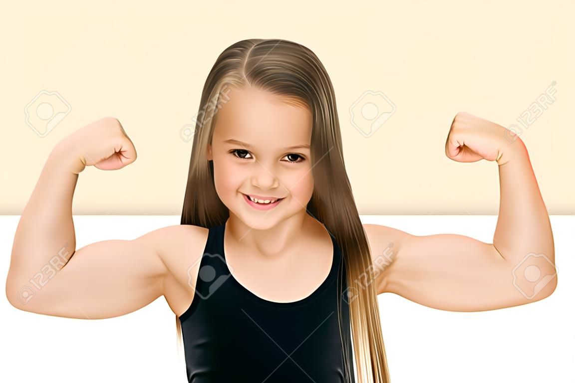 小さな女の子は彼女の筋肉を示しています。