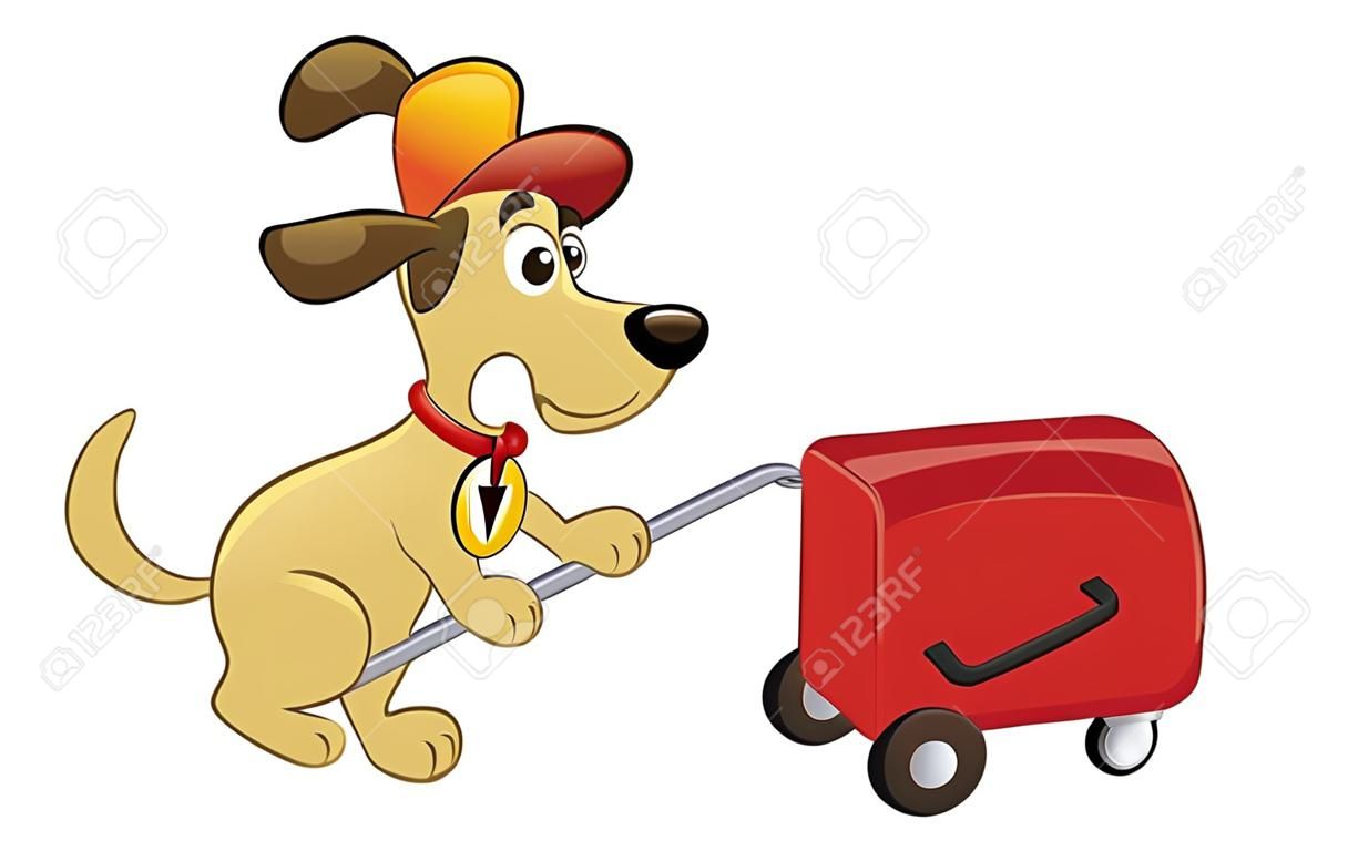 Caricature Mignon chien tirant un bagage, prêt à voyager.