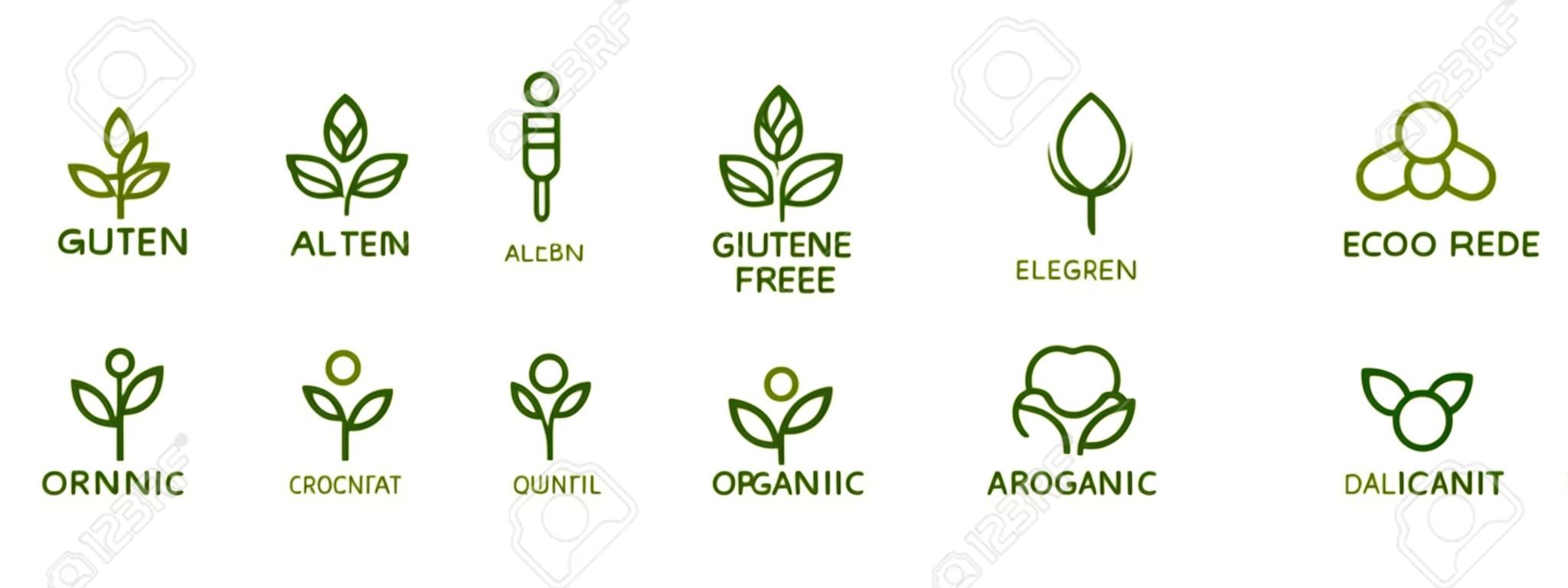 Organic and natural cosmetic line icons. Gluten and paraben free cosmetic. Allergen free badges. Non toxic logo. Skincare symbol. Beauty product. Eco, vegan label. Sensitive skin. Vector illustration
