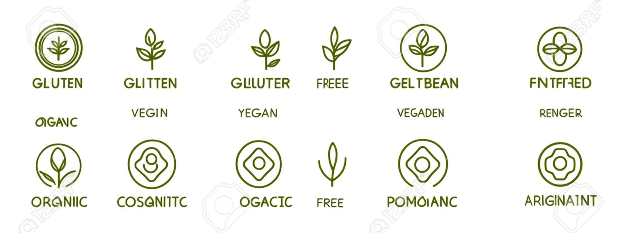Organic and natural cosmetic line icons. Gluten and paraben free cosmetic. Allergen free badges. Non toxic logo. Skincare symbol. Beauty product. Eco, vegan label. Sensitive skin. Vector illustration