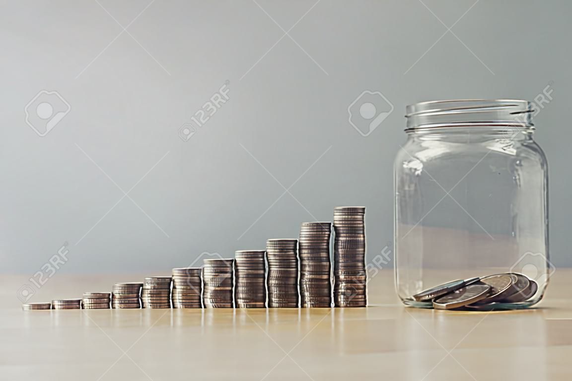 money growing stack step up with coin in glass, finance accoounting saving concept