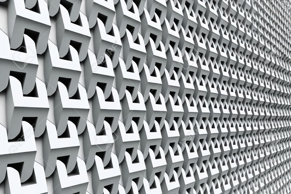 Perspective décroissante d'un mur extérieur gris métallisé à motif décoratif 3D d'un bâtiment
