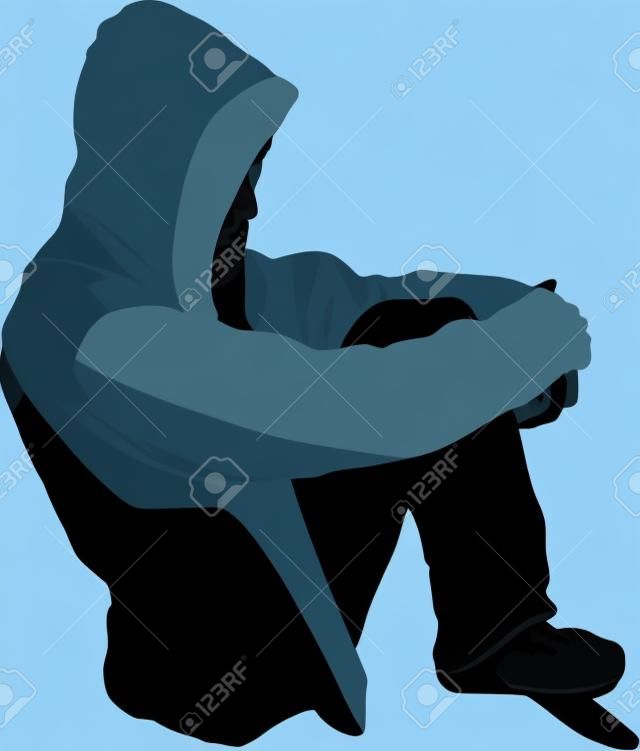 Vector silhouette of Very sad young man sitting alone on white background.