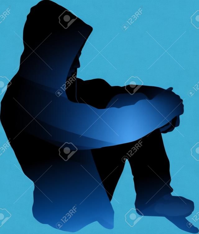Vector silhouette of Very sad young man sitting alone on white background.