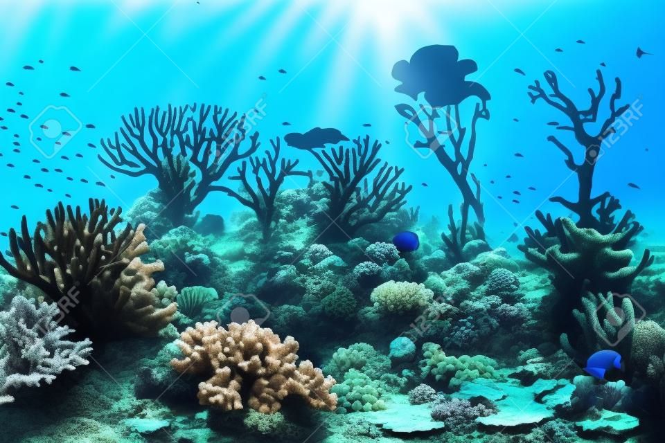 bela paisagem de recife de coral subaquático, oceano azul