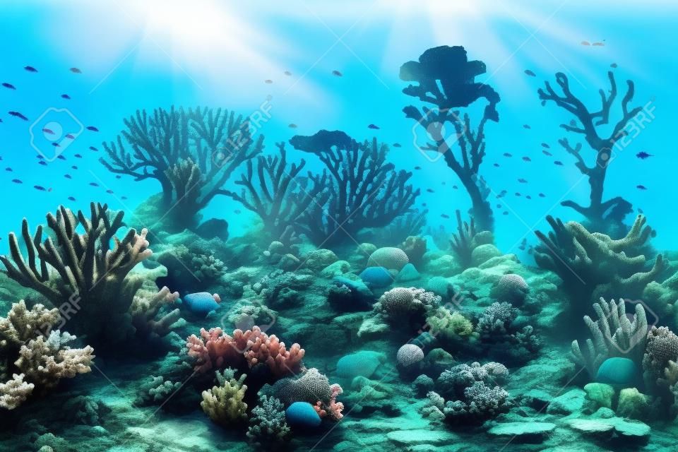 bela paisagem de recife de coral subaquático, oceano azul