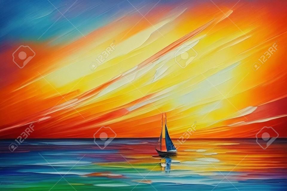 Colorful oil painting on canvas texture. Impressionism image of seascape paintings with sunset background. Modern art oil paintings with boat, sail on sea. Abstract contemporary art for background