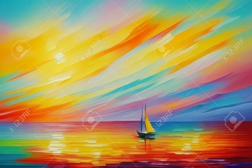 Colorful oil painting on canvas texture. Impressionism image of seascape paintings with sunset background. Modern art oil paintings with boat, sail on sea. Abstract contemporary art for background