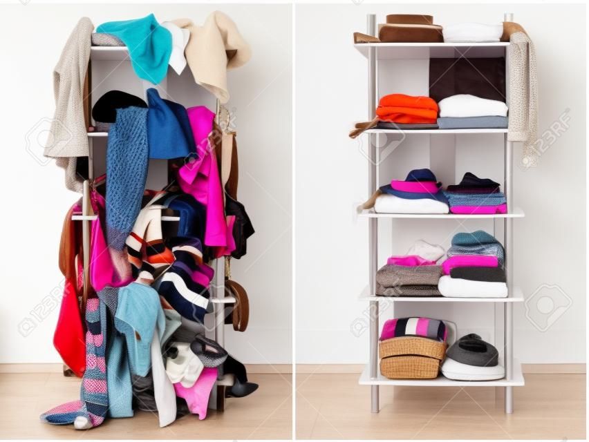Before untidy and after tidy wardrobe with colorful winter clothes and accessories  Messy clothes thrown on a shelf and nicely arranged clothes in piles 