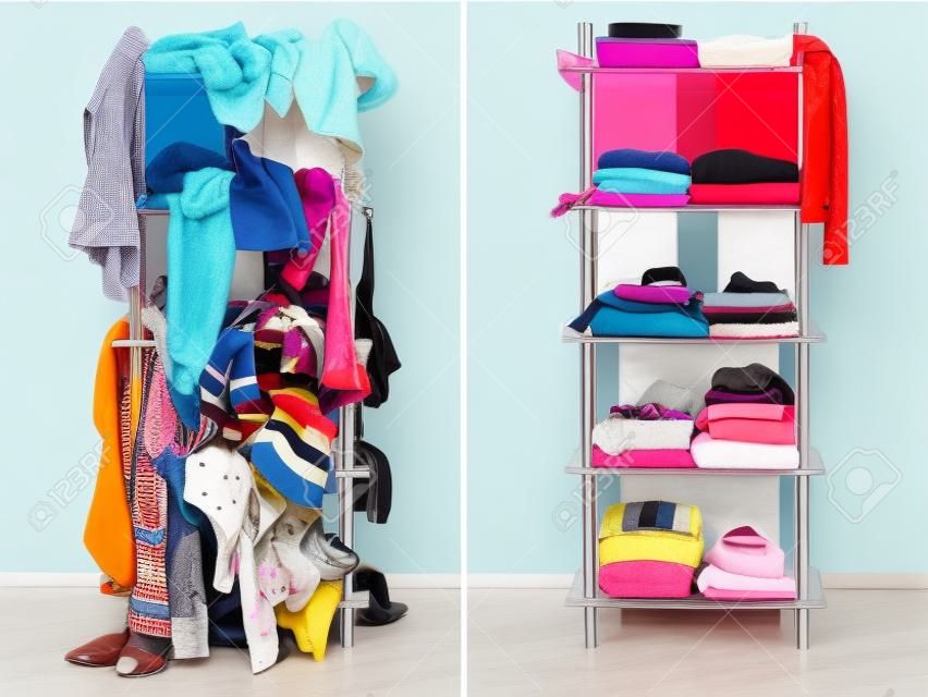 Before untidy and after tidy wardrobe with colorful winter clothes and accessories  Messy clothes thrown on a shelf and nicely arranged clothes in piles 