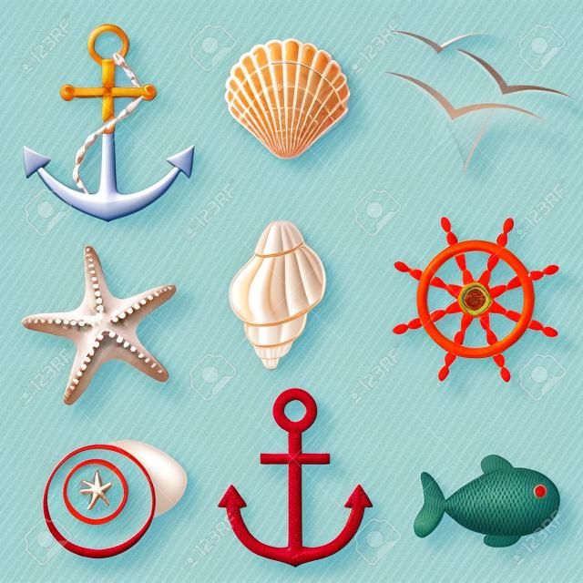Conjunto de ícones do mar âncora, concha, pássaro, estrela do mar, roda