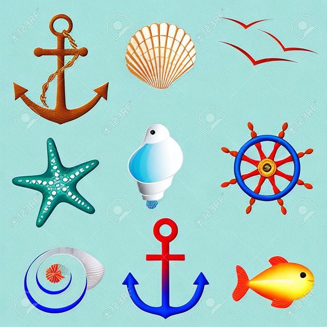 Conjunto de ícones do mar âncora, concha, pássaro, estrela do mar, roda