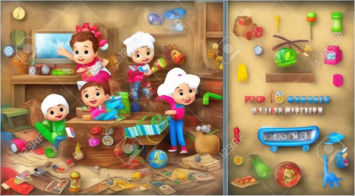 Find 18 objects in the picture. Hidden objects puzzle. Children play in a time machine. funny cartoon characters