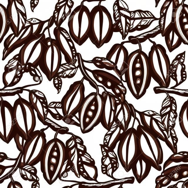 Reticolo senza giunte del cacao. Fondo delle fave di cacao del cioccolato. Illustrazione disegnata a mano di vettore. Illustrazione in stile retrò.