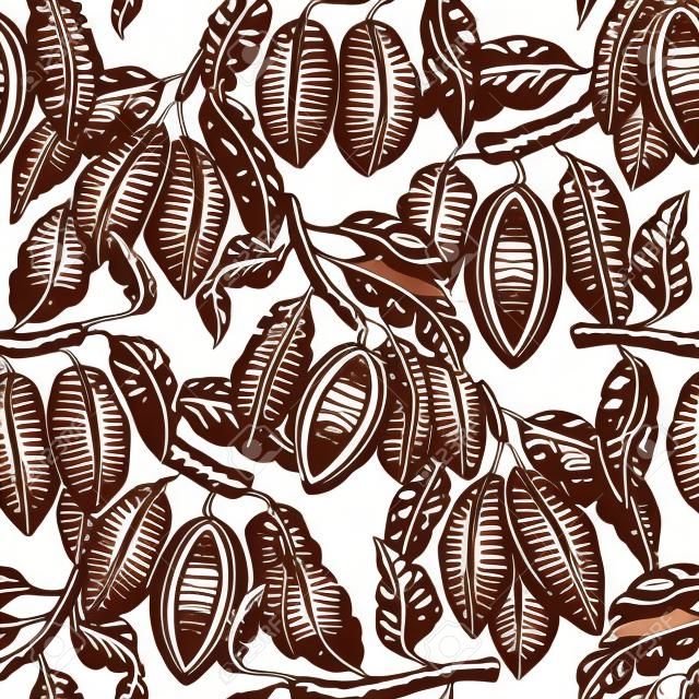 Cacao vector naadloos patroon. Chocolade cacaobonen achtergrond. Vector met de hand getekend illustratie. Retro stijl illustratie.