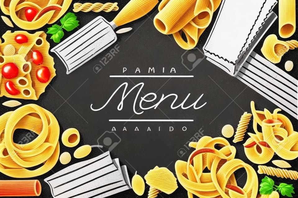 Italiaanse pasta met toevoeging ontwerp template. Hand getekend vector voedsel illustratie op krijt bord. Gegraveerde stijl. Retro pasta verschillende soorten achtergrond.