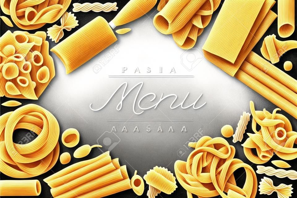 Italian pasta with addition design template. Hand drawn vector food illustration on chalk board. Engraved style. Retro pasta different kinds background.