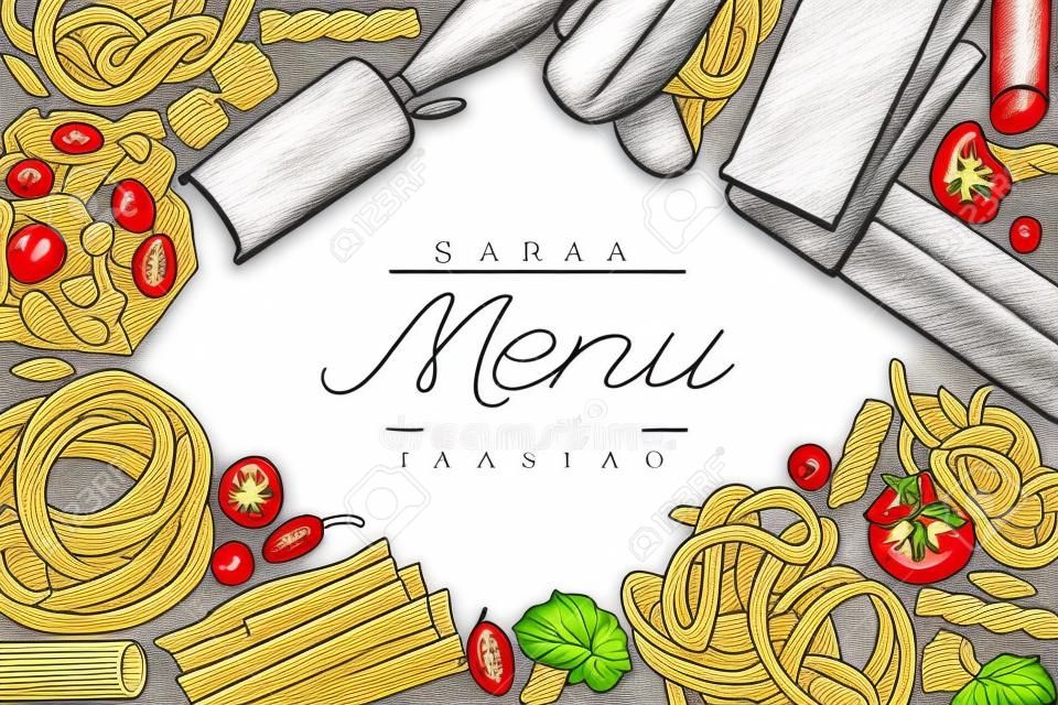 Italiaanse pasta met toevoeging ontwerp template. Hand getekend vector voedsel illustratie op krijt bord. Gegraveerde stijl. Retro pasta verschillende soorten achtergrond.