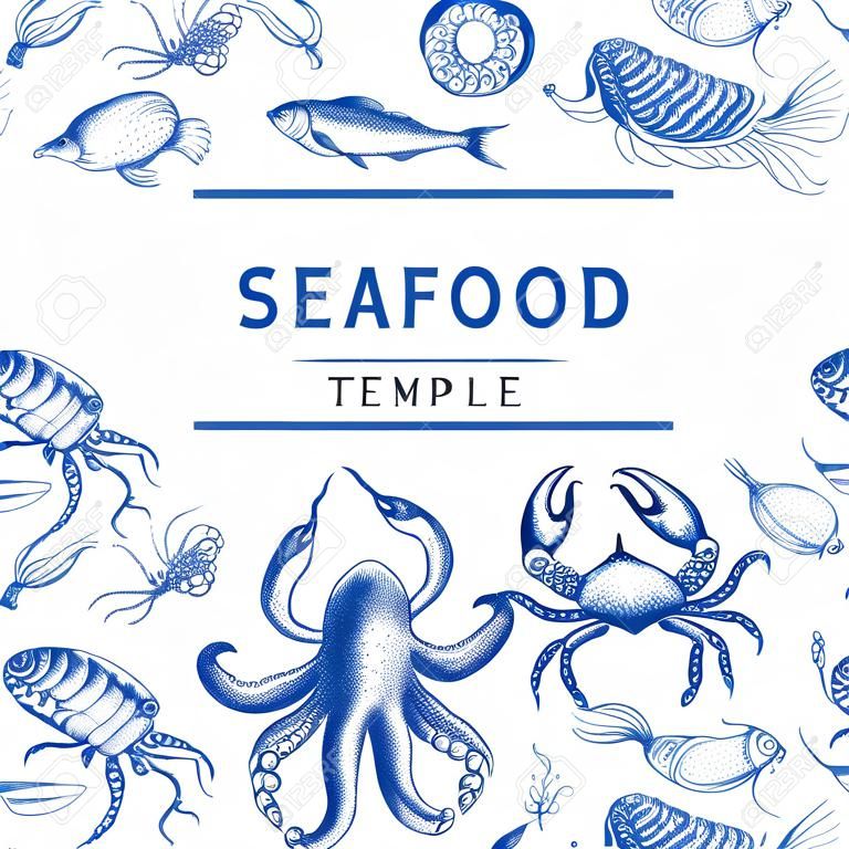 Designvorlage für Meeresfrüchte. Handgezeichnete Vektor-Meeresfrüchte-Illustration. Graviertes Lebensmittelbanner. Retro Meerestiere Hintergrund