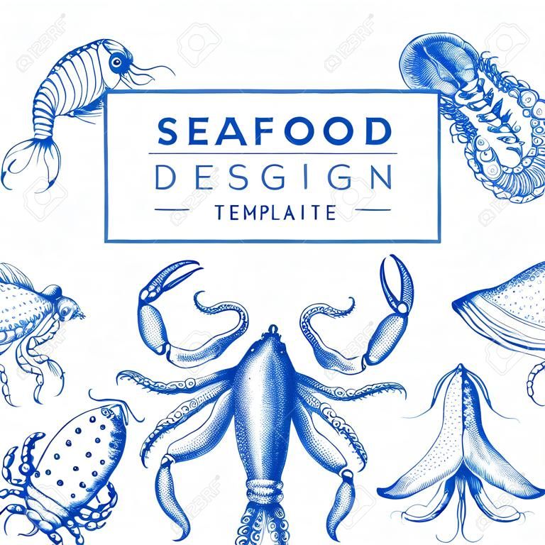 Designvorlage für Meeresfrüchte. Handgezeichnete Vektor-Meeresfrüchte-Illustration. Graviertes Lebensmittelbanner. Retro Meerestiere Hintergrund