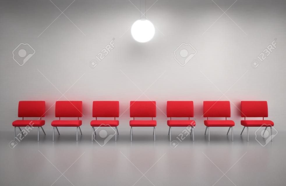 один зал ожидания с рядом стульев и один из них в разные цвета (3D визуализации)