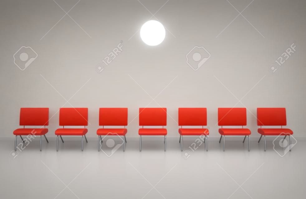 una sala d'attesa con una fila di sedie e uno di loro di colore diverso (3d rendering)