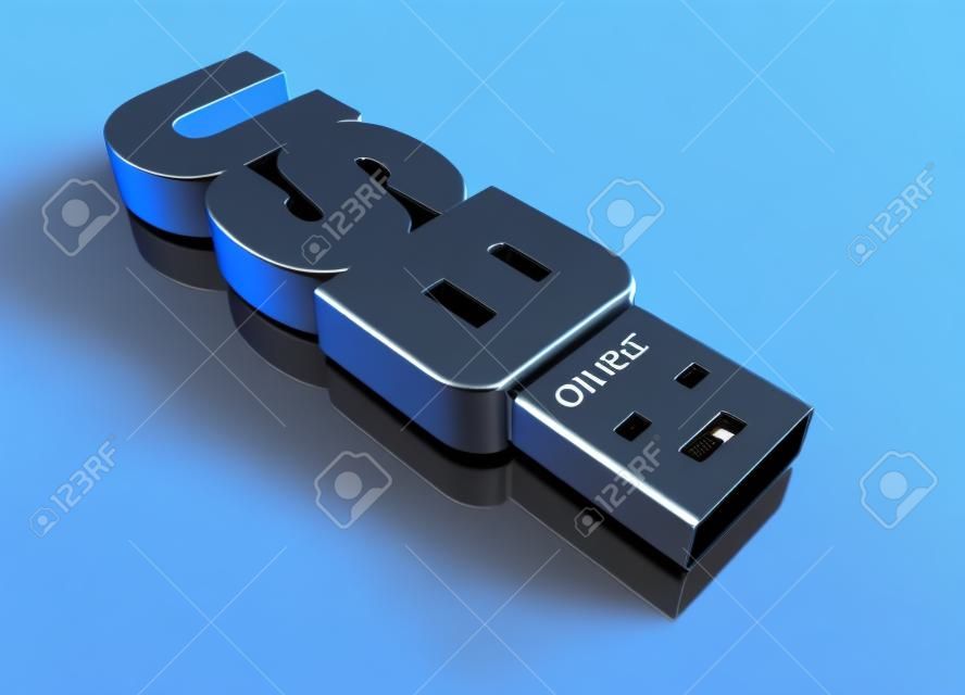 단어로 만든 하나의 USB 키 : USB는 (3d 렌더링)