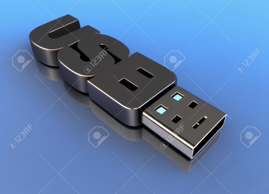 단어로 만든 하나의 USB 키 : USB는 (3d 렌더링)