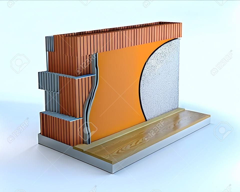 cross-section of a wall. All the layers are visible. thermal insulation (3d render)