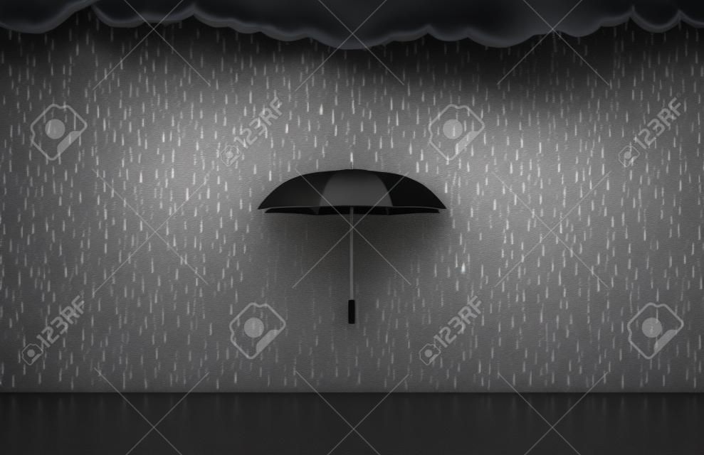 ściana z rysunkiem ciemne chmury, deszcz i jednym parasolem, koncepcji ochrony i bezpieczeństwa (3d)