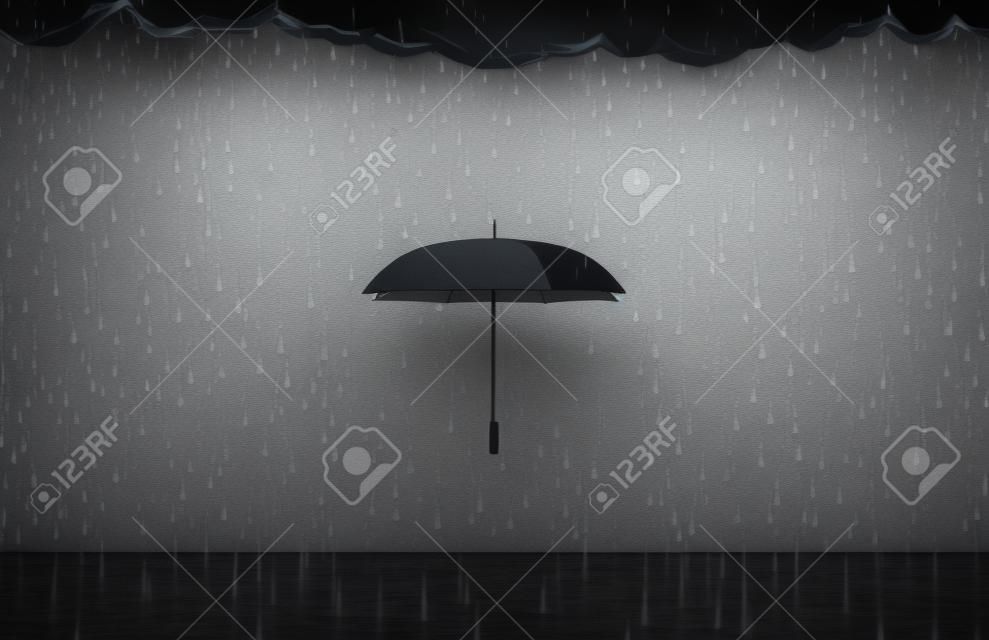 ściana z rysunkiem ciemne chmury, deszcz i jednym parasolem, koncepcji ochrony i bezpieczeństwa (3d)