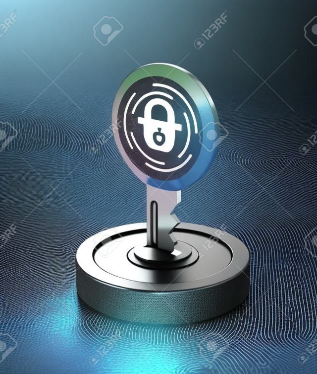 key with fingerprint reader, concept of cyber security (3d render)