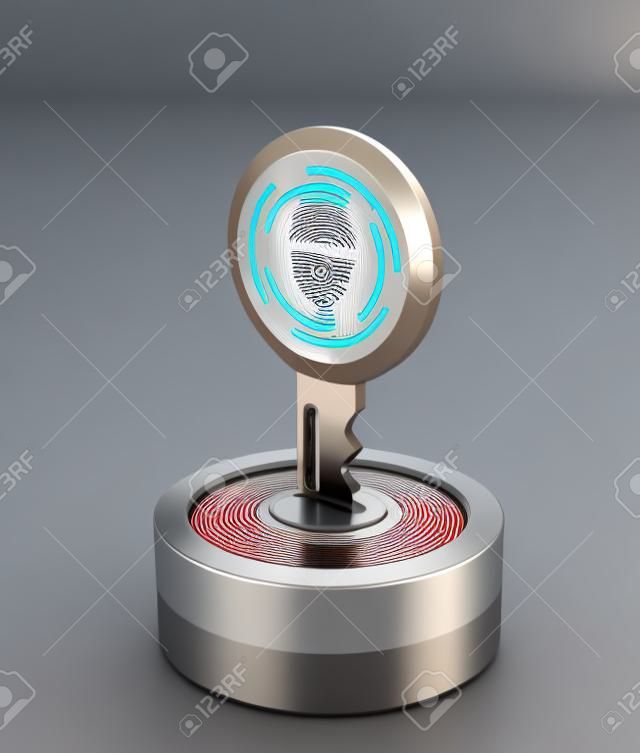 key with fingerprint reader, concept of cyber security (3d render)