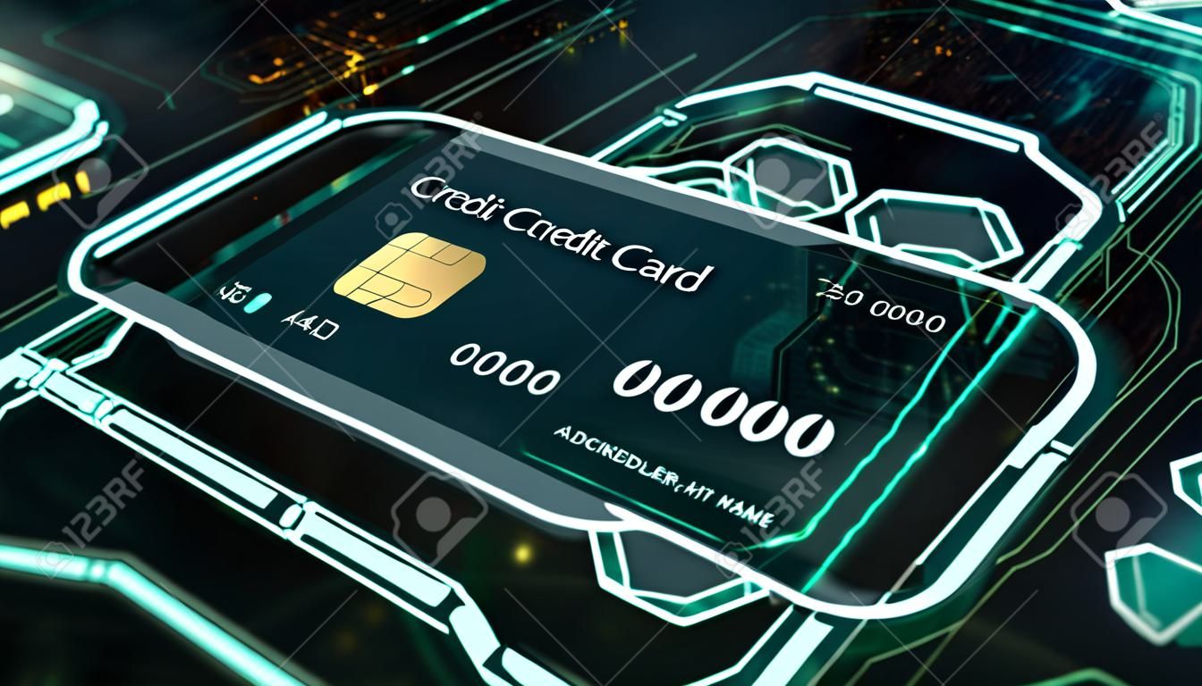 クレジットカードの残高と取引をチェックするための未来的なインターフェースの拡大図、金融の概念と新技術（3Dレンダリング）