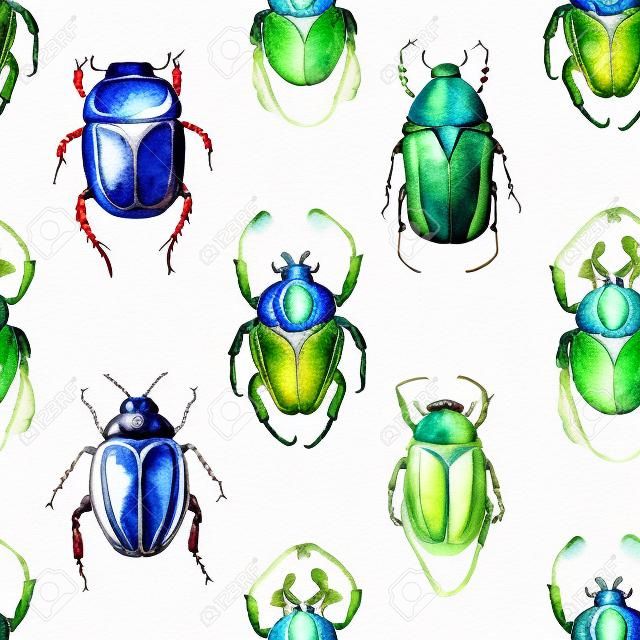 Beetle background. Seamless pattern. Watercolor illustration