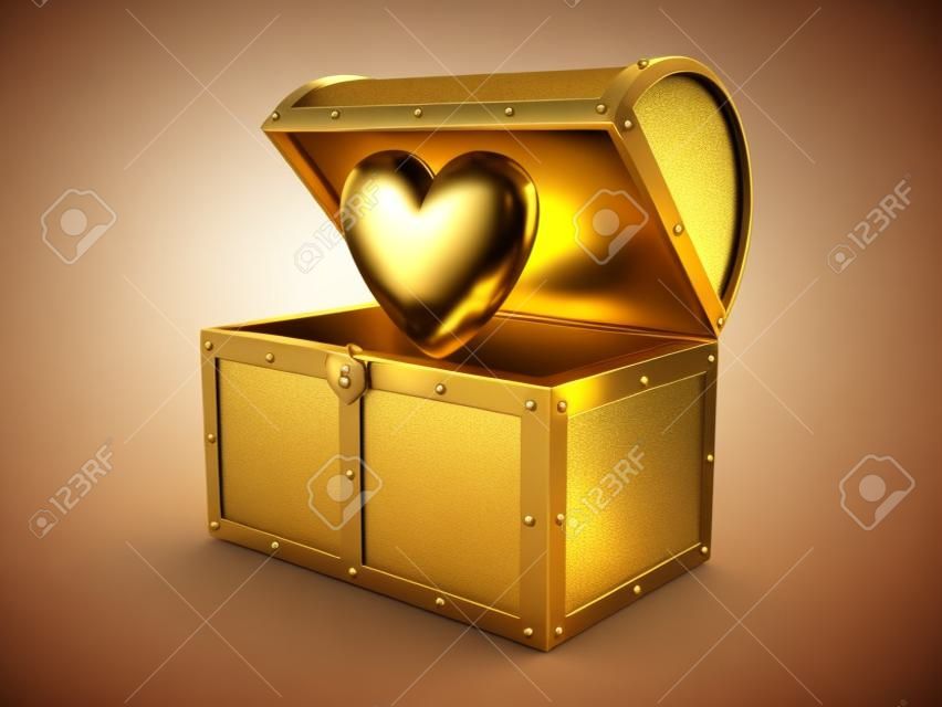 3D Illustration of cartoon heart inside of treasure chest. The chest is shiny with golden outlines.
