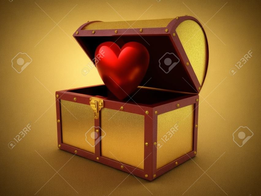 Illustration 3D du coeur de la bande dessinée à l'intérieur du coffre au trésor. La poitrine est brillante avec des contours dorés.
