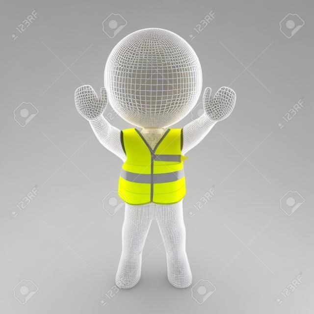 3D Character with yellow vest and hands raised. 3D rendering isolated on white.
