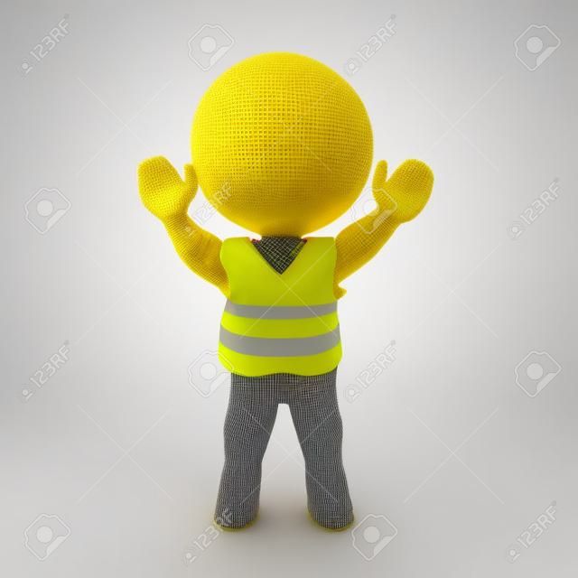 Personaje 3D con chaleco amarillo y manos levantadas. Representación 3D aislada en blanco.
