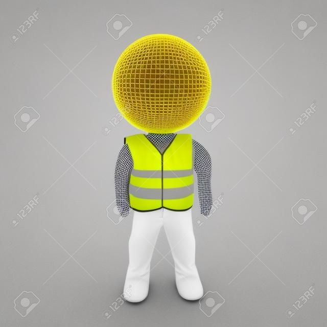 Personaje 3D con chaleco amarillo. Representación 3D aislada en blanco.