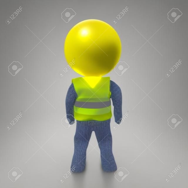 Personaje 3D con chaleco amarillo. Representación 3D aislada en blanco.