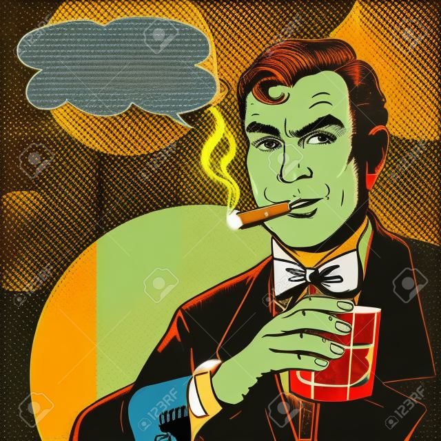 Vintage Pop Art Человек с стакан курить сигары и с речи пузырь.