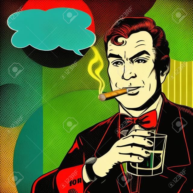 Jahrgang Pop-Art Mann mit Glas und Zigarre rauchen mit Sprechblase.