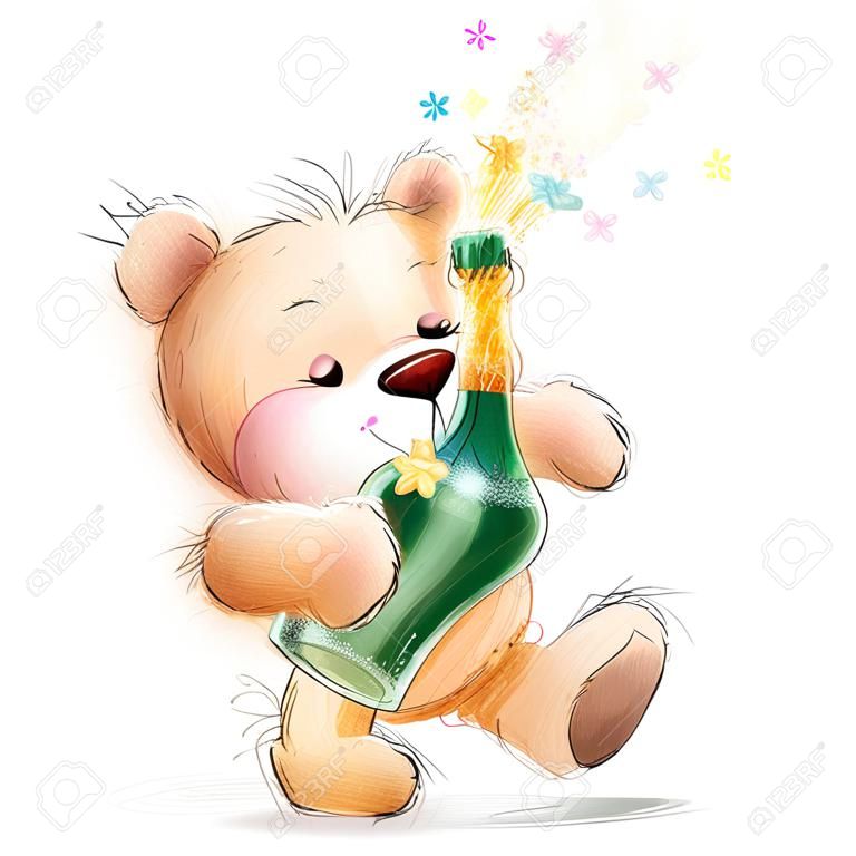 Cute Teddy Bear with the bottle of close -up champagne.Party invitation.Happy Birthday greeting card.Celebration theme with splashing champagne.Champagne Explosion.