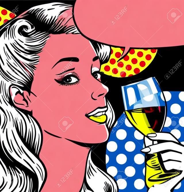 Ilustración de arte pop de mujer con la copa de vino con bocadillo. Muchacha del arte pop.